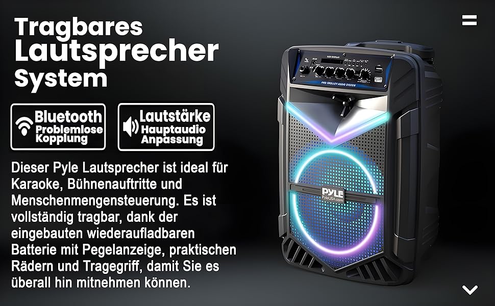 Pyle PA Bluetooth Гучномовець – Караоке Машина з Мікрофоном, 400W, Музична Система, Partybox, Акумуляторний, 8” Сабвуфер, 1” Твітер, Функція Запису, Підсвічування, USB/SD-Радіо