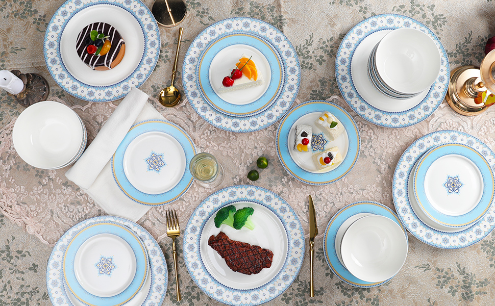 Набір посуду Fanquare 18 предметів для 6 осіб: тарілки, миски, десертні тарілки (Азурний блакитний)