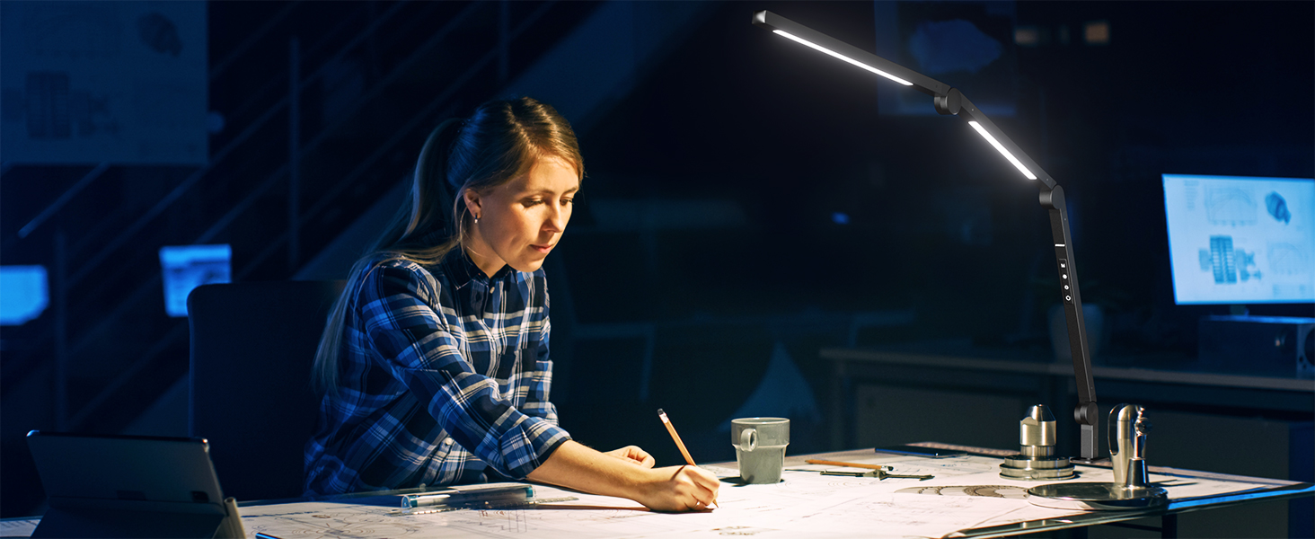 LED лампа EYOCEAN для робочого столу з регульованою яскравістю та двома джерелами світла, архітектурна лампа, офісна лампа, захист очей, кріпиться на стіл (12.0)