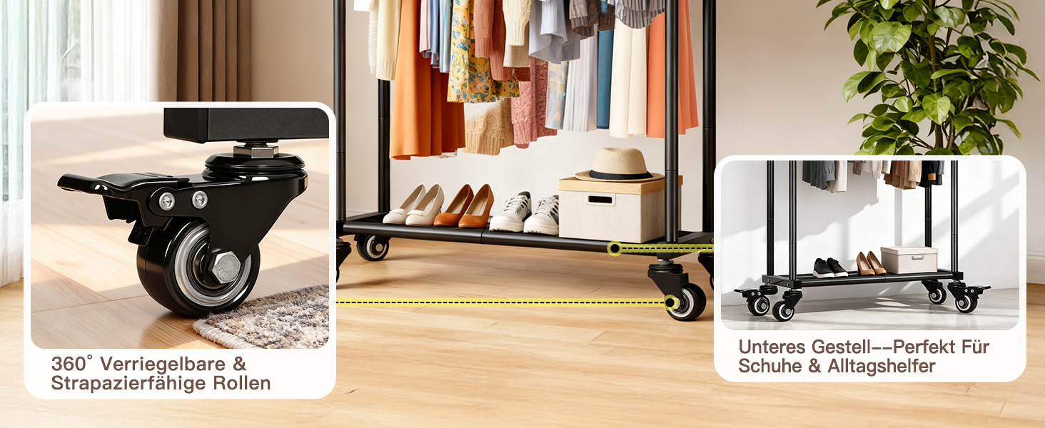 Стійка для одягу Sour Lemon на коліщатках, 95 кг, з подвійними перекладинами та полицею, золото (113x41x162 см)