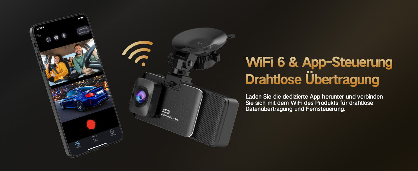 3-канальний автомобільний відеореєстратор 4K (передній, задній, салонний), 170° широкий кут, нічна зйомка, паркування 24/7, G-сенсор, WiFi 5.8 ГГц, SD-карта 64ГБ, чорний