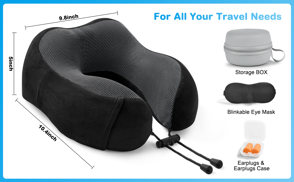 Подушка для шиї в літак, доросла, Memory Foam, регульована, компактна, з навушниками, маскою для сну та чохлом (чорна)