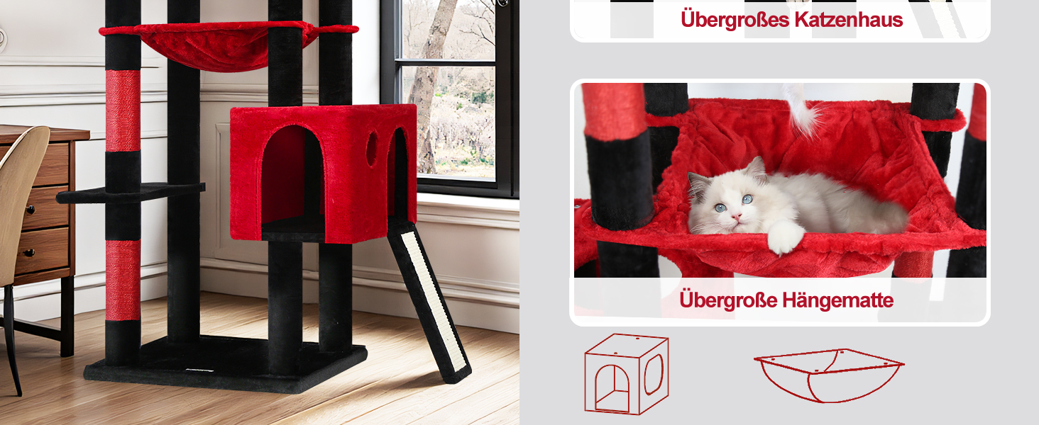 Дім-кігтеточка для котів Globlazer Kaktus (178 см, XXL, Готичний) з гамаком, платформами та когтеточкою з сизалю. Стабільна конструкція для 2-4 великих котів.