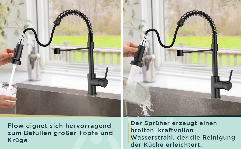 Змішувач для кухні FORIOUS висувний з душем, одноleverний, чорний мат, 360° обертання
