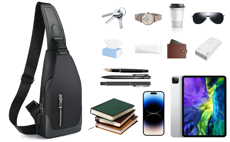 Чоловіча нагрудна сумка-слінг Brusttasche з USB-портом для зарядки, водонепроникна, чорна