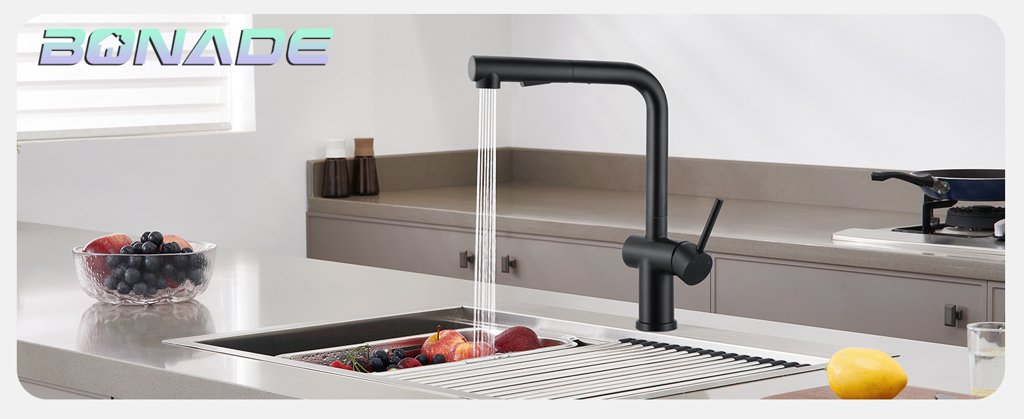 Змішувач кухонний з висувною лійкою, чорний, з двома режимами струменя, 360° обертання, з нержавіючої сталі