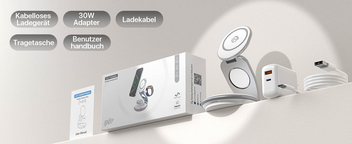 Сумка-органайзер для зарядки MagSafe: Складна зарядка для Apple, індукційна зарядка для iPhone 16/15/14/13/12, зарядка для Apple Watch та AirPods (з 30W адаптером), білий колір