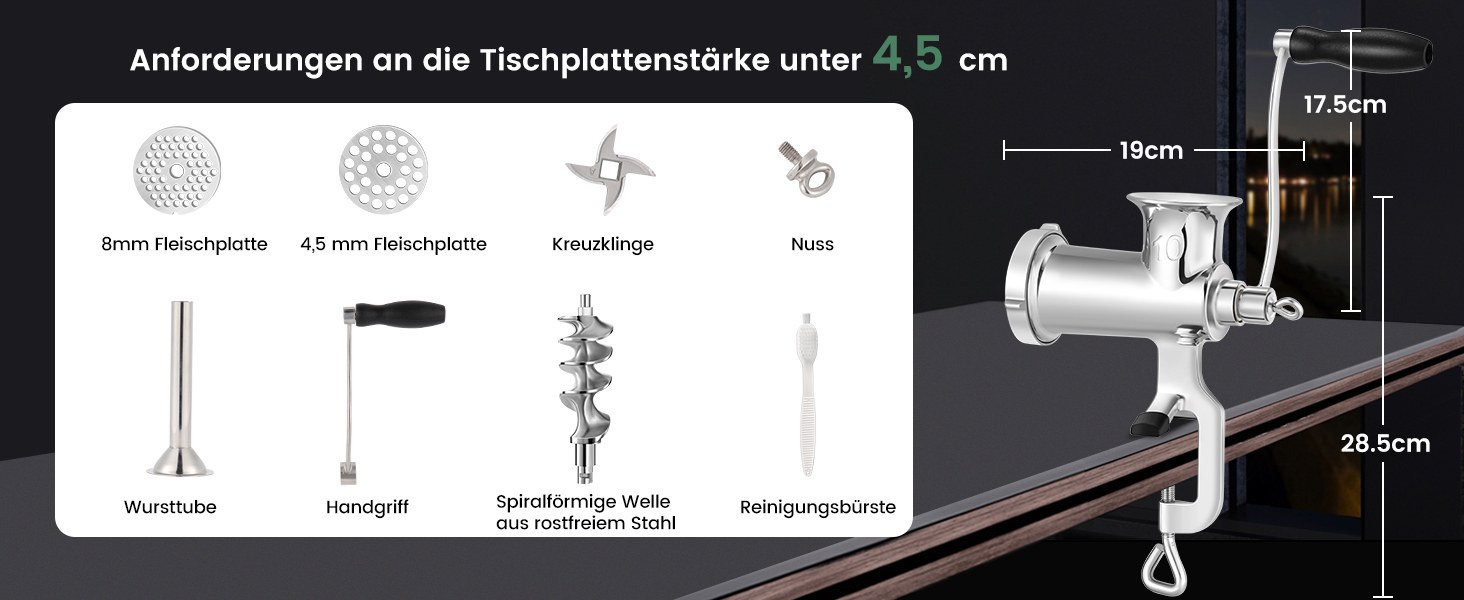 М'ясорубка ручна Huanyu з нержавіючої сталі та насадкою для ковбас, 10 розмір, посудомийна