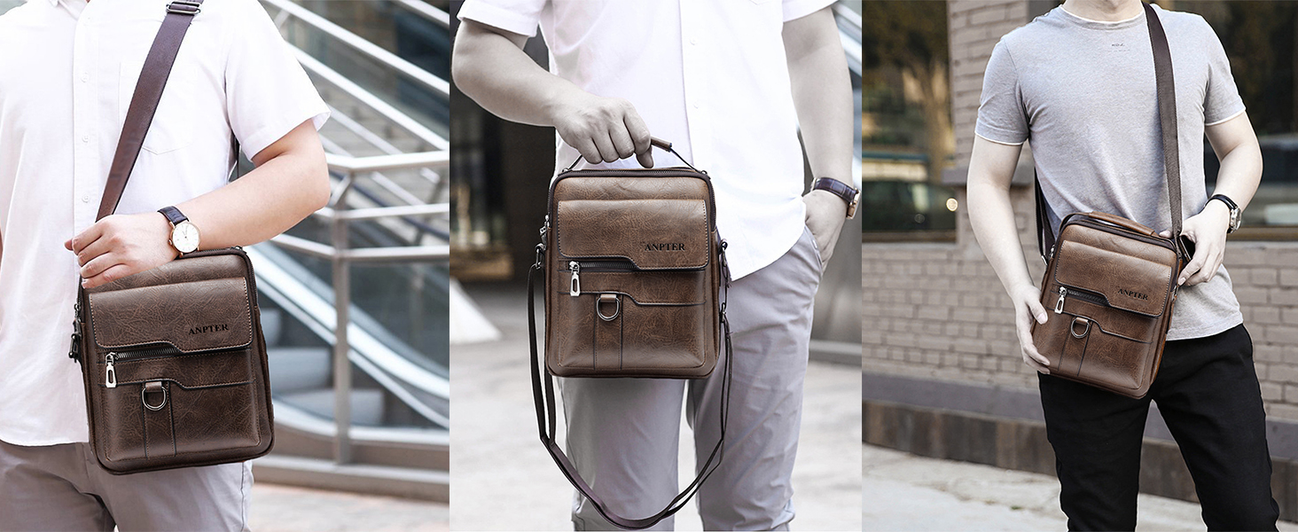Чоловіча сумка через плече ANPTER: шкіряна, вінтажна, месенджер, через плече, для телефону (колір: коричневий)