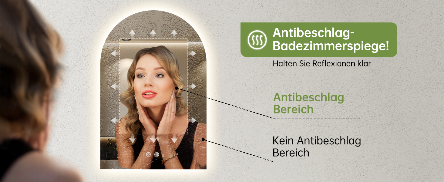 Дзеркало для ванної кімнати з підсвічуванням, арочне, без рами, 75x50 см. Touch-вимикач, регулювання яскравості, 3 кольори світла, антизапар