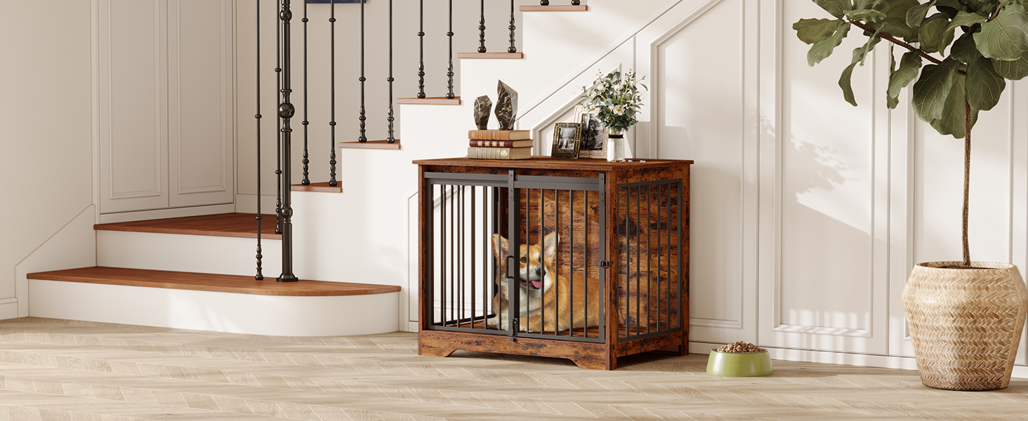 Hzuaneri Modern Wooden Dog Crate Furniture - Indoor Dog Box with Sliding Doors for Small/Medium Dogs - 81cm Height, 55x81x67.5cm, Vintage Brown DFC83601B