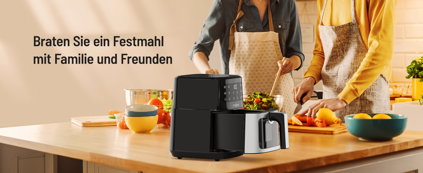 Фритюрниця PARIS RHÔNE з гарячим повітрям 5L XL з оглядовим вікном, 8-в-1, для миття в посудомийній машині, з One-Touch управлінням, антипригарне покриття кошика та знімний піддон