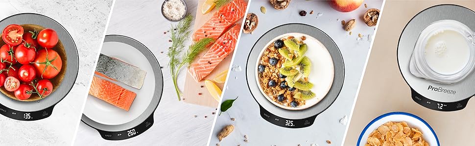 Кухонні ваги Pro Breeze - цифрові, до 5 кг, з точністю 1 г, з вимірюванням рідини, LCD-дисплей, функція тарування, сріблястий/нержавіюча сталь