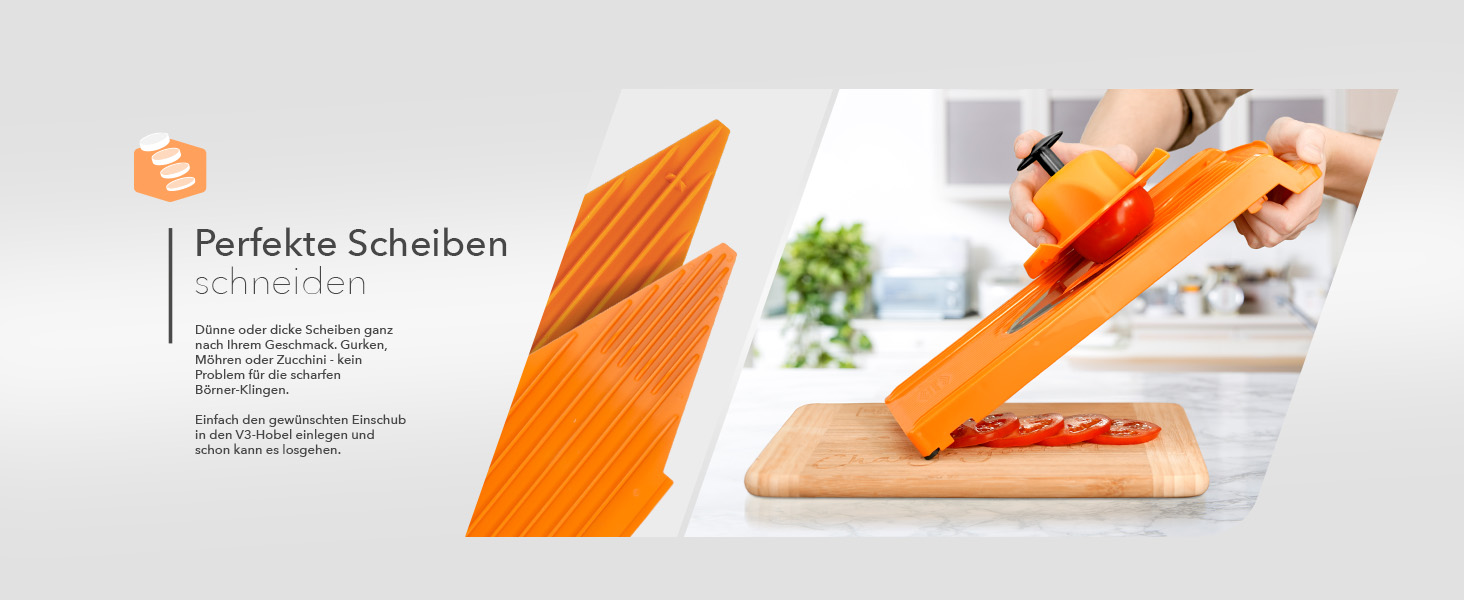 Овочерізка Börner V3 Profi Set — універсальна кухонна терка для нарізки скибочками, соломкою, кубиками, з регульованим V-подібним лезом з нержавіючої сталі, помаранчева