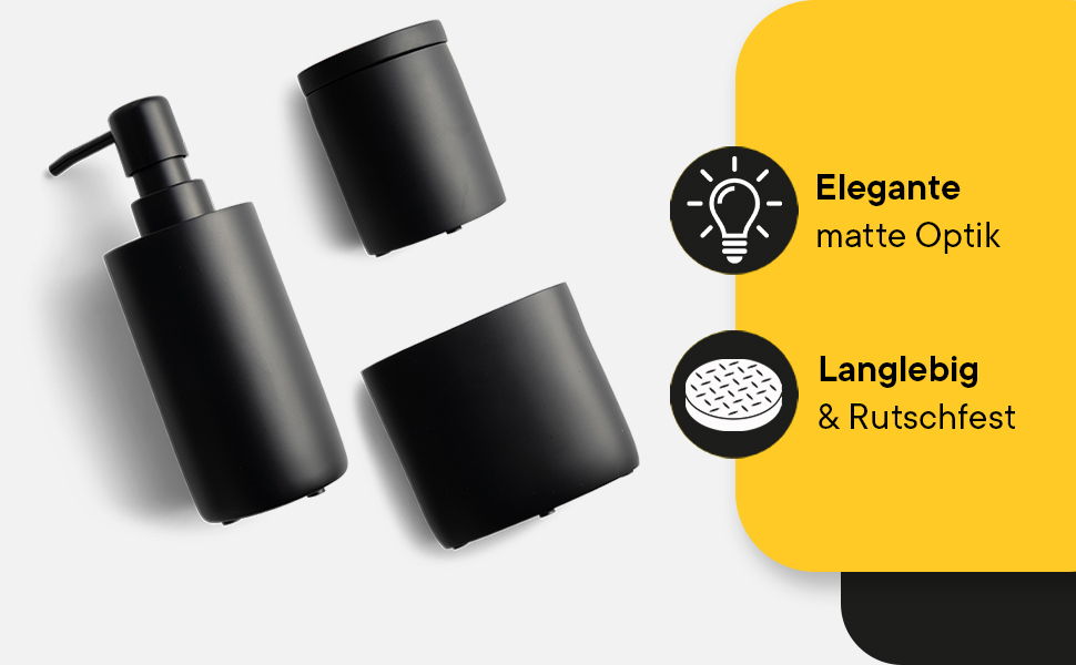 DELUXXOO® Набір аксесуарів для ванної кімнати 6 шт. чорний матовий: органайзер, диспенсер для мила, мильниця, стакан для зубної щітки, піднос, ящик для зберігання