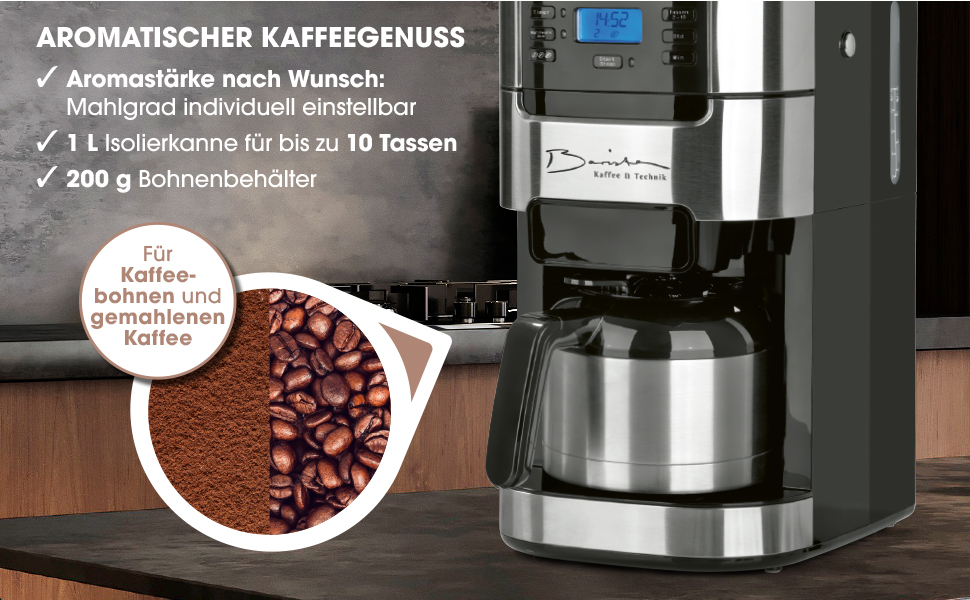 Кавомашина Barista Filterkaffeemaschine з регульованим млинком та термокружка | Функція підігріву, таймер 24 год та перманентний фільтр | Для 10 чашок кави | Кавомашина для зерен та меленої кави [Нержавіюча сталь] 5) Нержавіюча сталь - термокружка - з млинком