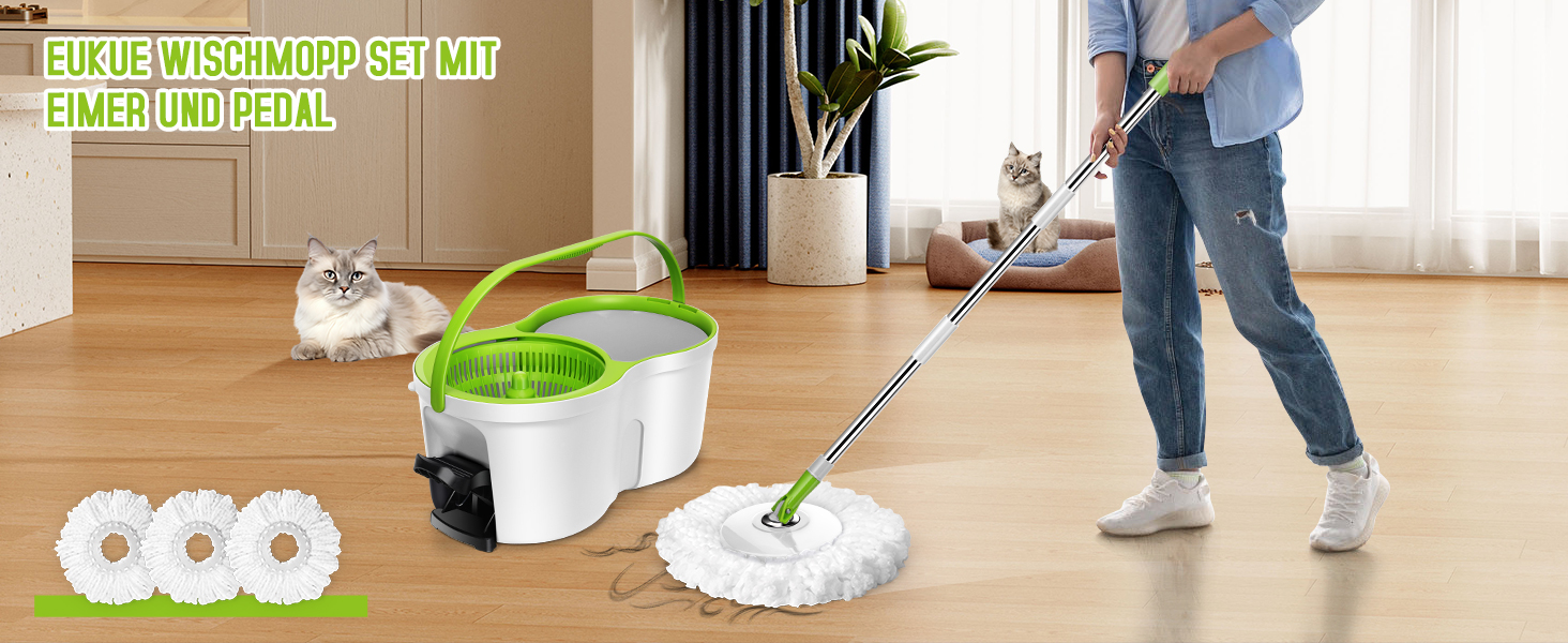 Набір для миття підлоги з відром, 2 в 1: відро для миття з віджимом та моп, моп з педальним віджимом, регульована сталева стійка та 3 мікрофібрових насадок, набір для миття підлоги, відро з педальним віджимом, білий + жовто-зелений
