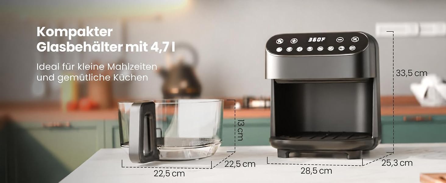 Скляна аерофритюрниця Kismile 4.7л, без PFAS, сенсорне керування, 1500 Вт, 8 програм, чорна