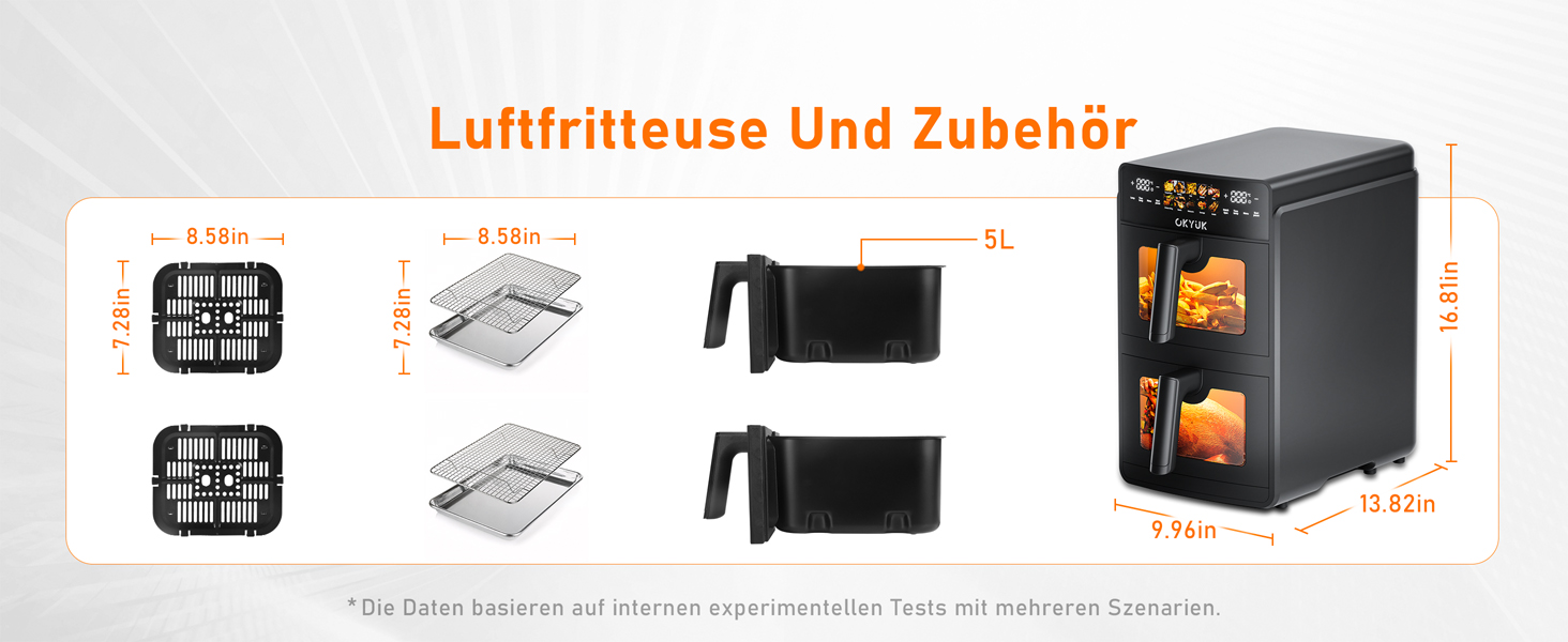 Фритюрниця без олії з 2 камерами на 10 літрів, Airfryer з 2 відсіками по 5л, тиха робота, 10 програм, приготування 2 страв одночасно, з оглядовим вікном, 3D циркуляція повітря