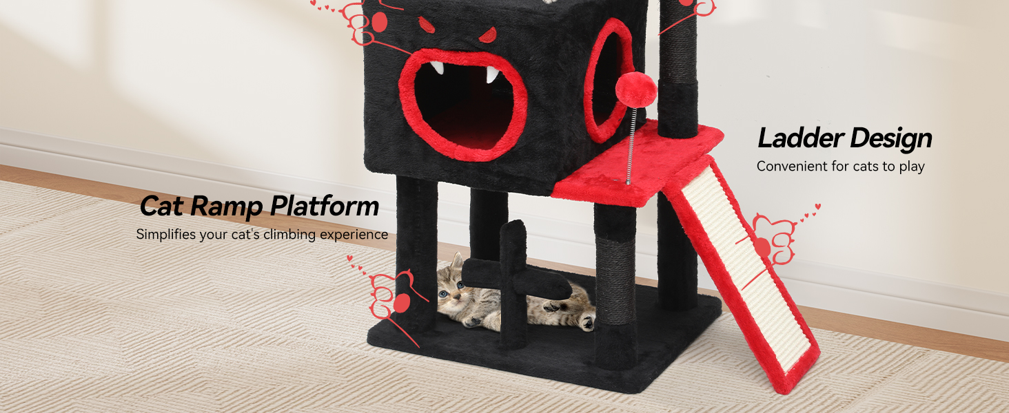 Кігтеточка YITAHOME Готичний XL, 160 см, з 4 колонами з сизалю, 1 дощечкою для шліфування, гамаком, 2 кулями-мавпами, платформами-ліжками, для шліфування, чорна (40 x 48 x 111 см)