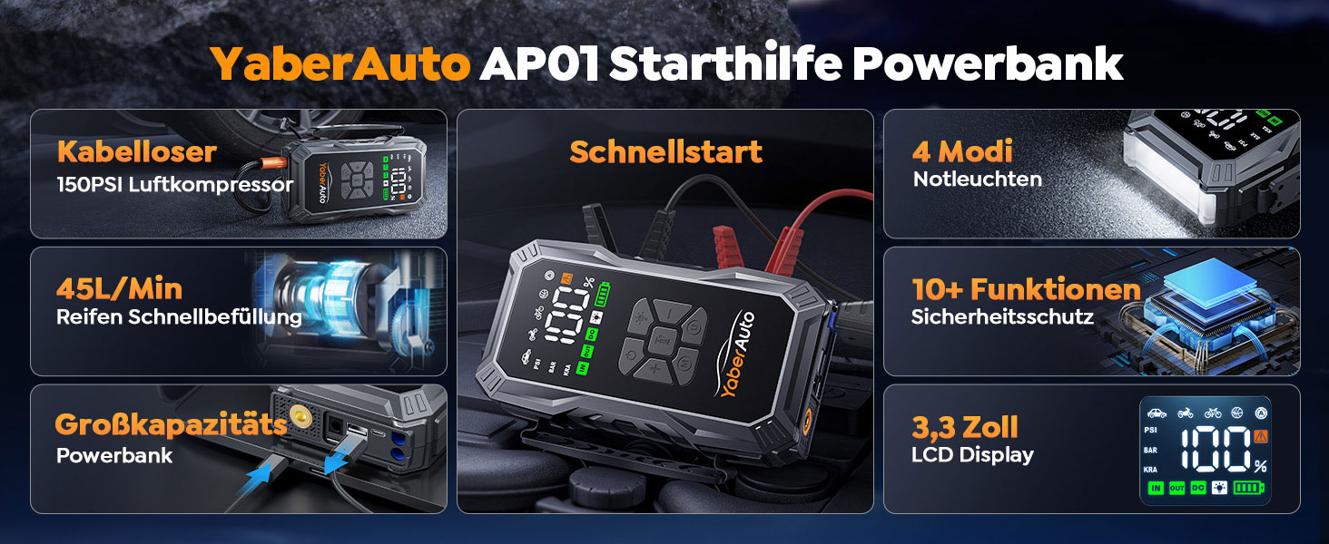 Powerbank для авто YaberAuto з компресором, 6000A, 23800mAh, 150PSI, Jump Starter (для бензинових та 10.0L дизельних двигунів), LCD дисплей, 500 люмен, аварійне світло