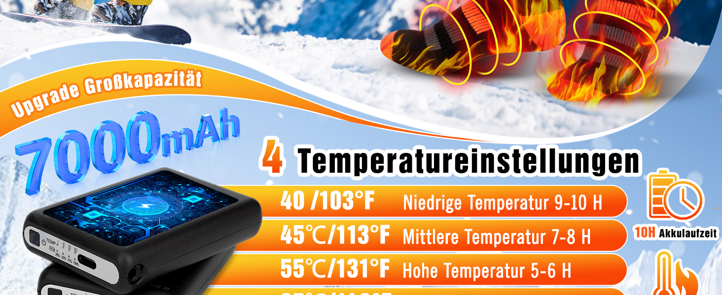 Гріючі шкарпетки для жінок та чоловіків, 7000mAh, 4 режими нагріву, для зимових видів спорту (лижі, піші прогулянки, велоспорт), розмір 36-43