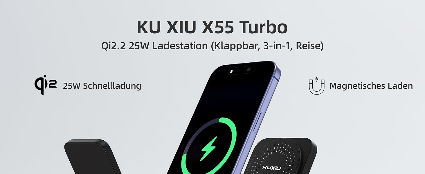 Зарядний пристрій KU XIU X55 Turbo Qi2.2 25W 3-в-1 для Apple Watch, iPhone 17-12 та AirPods, магнітний складаний стенд, адаптер 45W (Чорний)