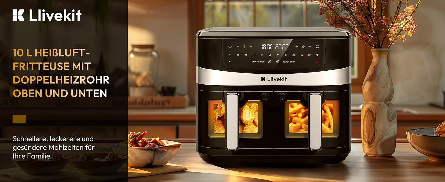 Аерофритюрниця LLIVEKIT з двома камерами 2x4,5л (10л), 8 програм, 4D конвекція, енергоощадна, чорна