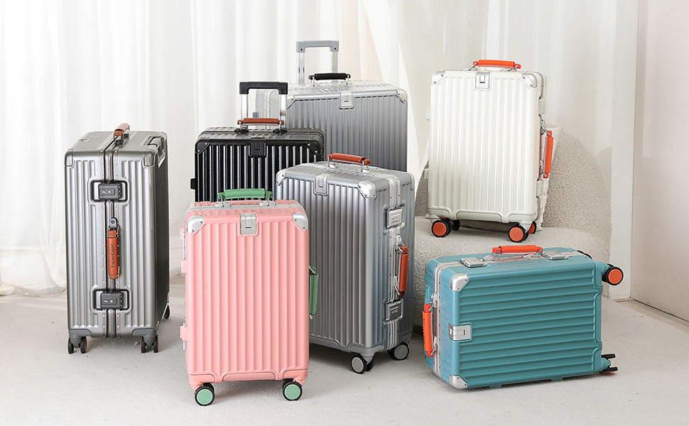 Чемодан ручної поклажі Yuweijie: міцний алюмінієвий каркас, 4 колеса, TSA-замок, срібний з коричневою шкіряною ручкою, S-58см