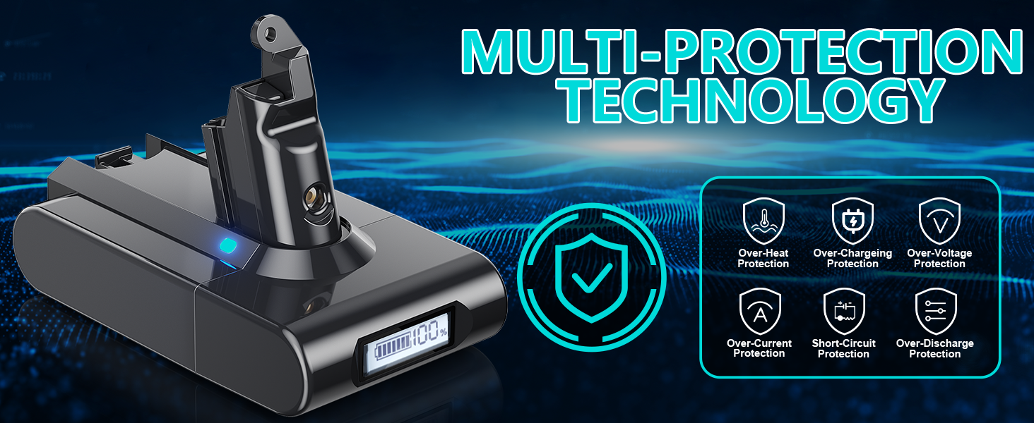 Запасний акумулятор 8000mAh V6 з LCD-дисплеєм для пилососів Dyson V6 DC58, DC59, DC61, DC62, DC72, DC74, SV03, SV05, SV06, SV07, SV09 (з 2 фільтрами)