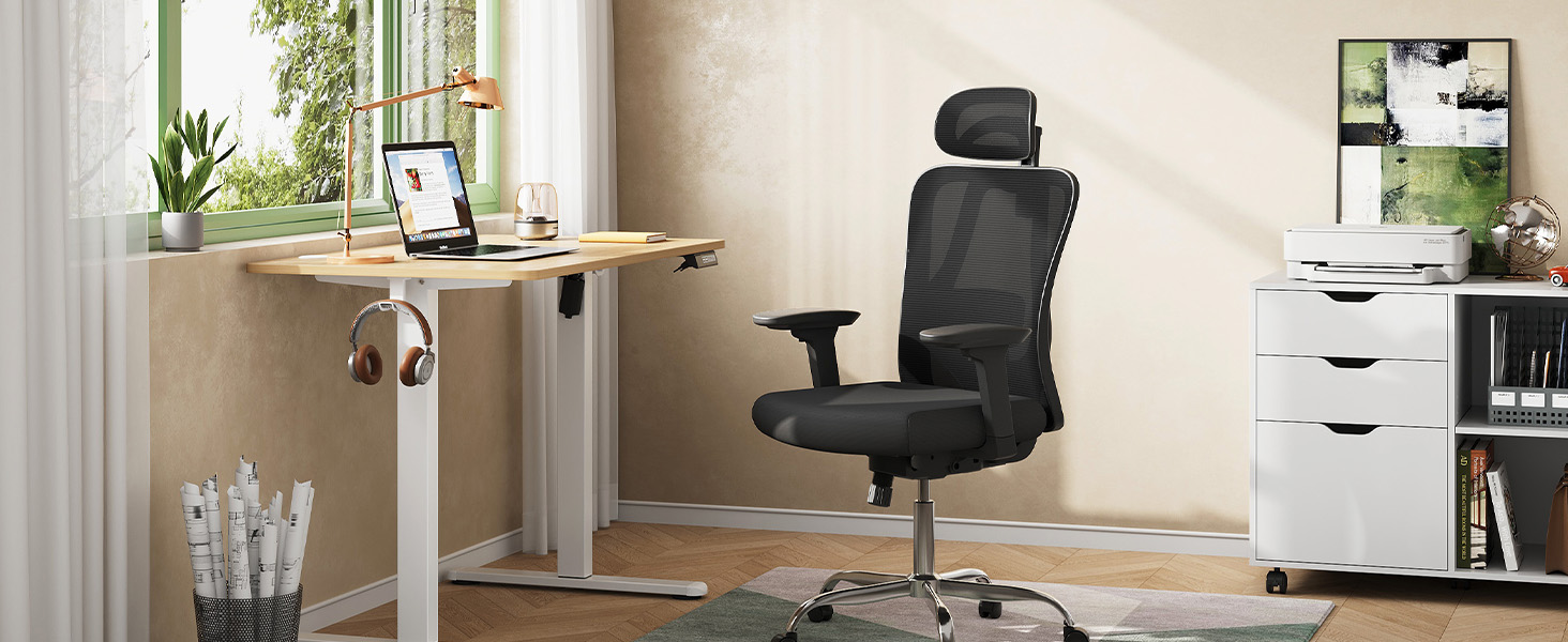 Офісне крісло Devaise: ергономічне крісло з регульованою підголівником та поперековою підтримкою, 3D-підлокітники, 3-рівневий нахил, дихаюча сітчаста тканина для дому та офісу (Чорний)