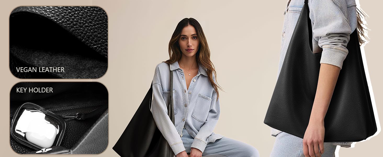 Сумка жіноча KALIDI Shopper Hobo з PU шкіри, чорна, велика для роботи, школи, повсякденна з кнопкою