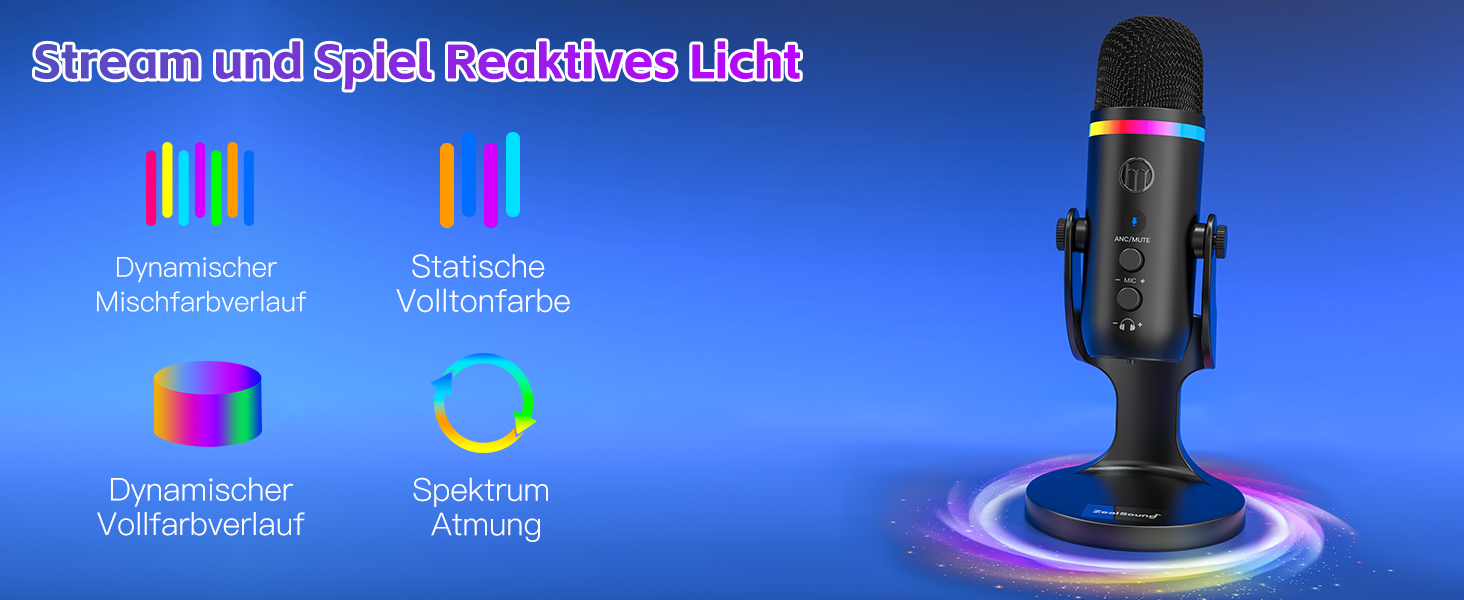 USB мікрофон Zealsound RGB для ПК, iPhone, стримінгу, YouTube, Discord, PS5, Mac. Підтримка USB-C та Lightning, шумозаглушення, Plug & Play