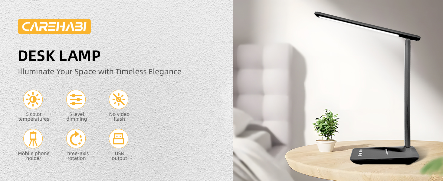 LED лампа настільна диммерна з USB, 5 кольорів та 5 рівнів яскравості, торчкова панель для читання, дитяча, для спальні, офісу, чорна