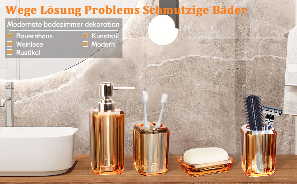 Набір аксесуарів для ванної кімнати, 4 шт. Акриловий набір для ванної: дозатор для лосьйону, стакан, тримач для зубних щіток, мильниця. Сучасний декор для ванної кімнати.