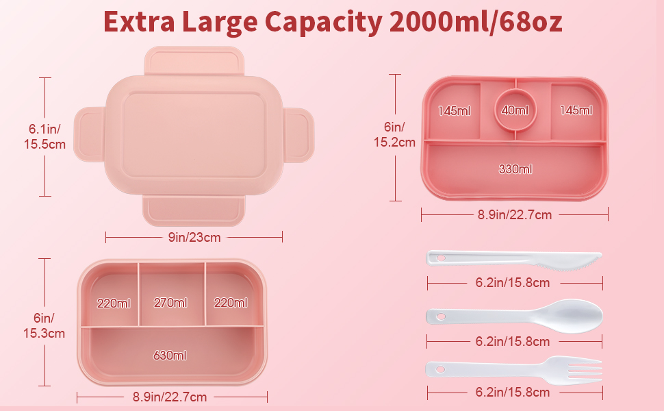 Ланчбокс для дорослих Sinnsally 2000 мл з відділеннями, бенто-бокс, ланчбокс з посудом, виготовлений з екологічно чистих матеріалів, зелений (рожевий)