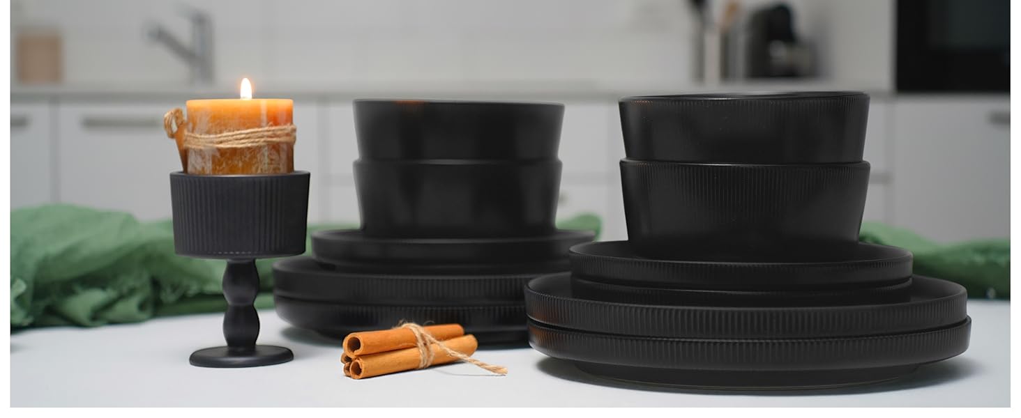 Набір посуду Jiwoo на 4 особи (12 предметів): тарілки, миски, десертні тарілки, Bone China, чорний матовий, для мікрохвильовки та посудомийної машини