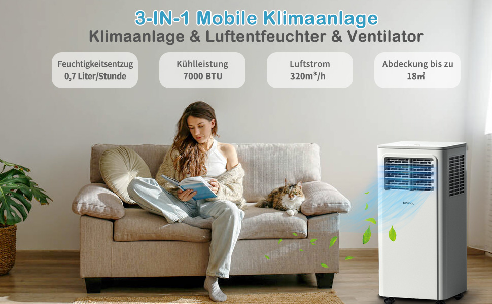 Мобільний кондиціонер SHINCO 3,5kW (7000BTU) з випускним шлангом, охолодження, вентиляція, осушення, для приміщень до 90м³, білий