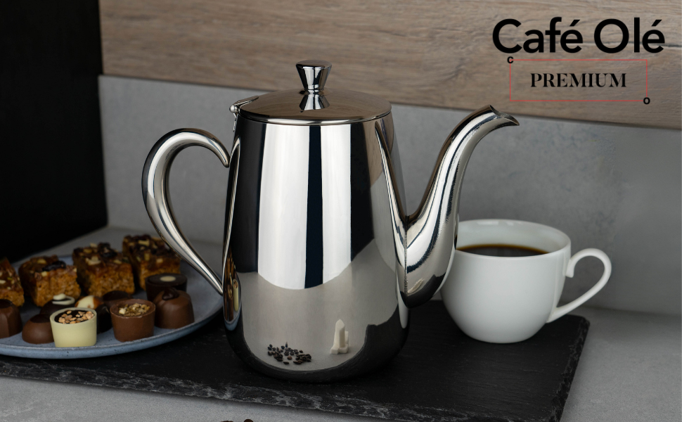 Чайник Café Olé PT-048 преміум-класу з нержавіючої сталі 18/10, 1,4 л, безкапельний носик, порожниста ручка, відкидна кришка, сріблястий