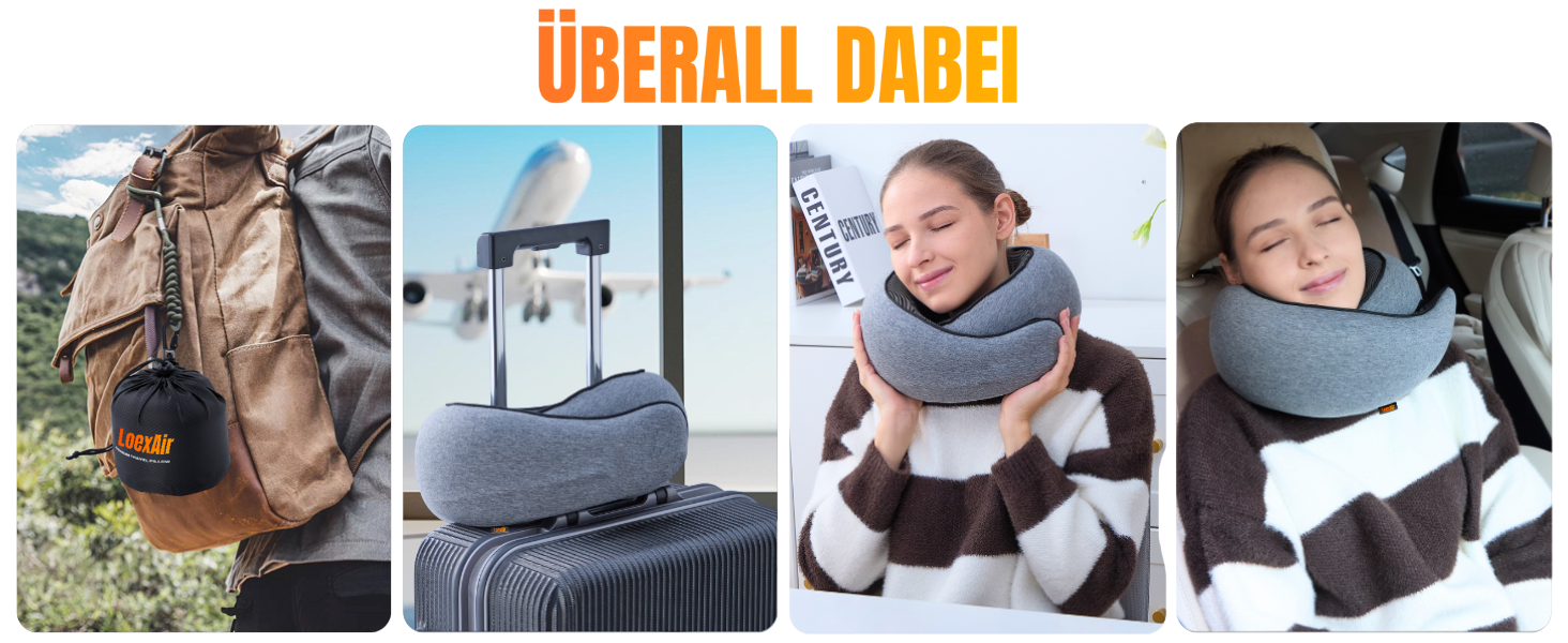 Подушка для шиї у літак, автомобіль: 100% бавовна та Memory Foam, легка та зручна, повний дорожній набір (маска для сну, беруші) - світло-сірий, класична модель