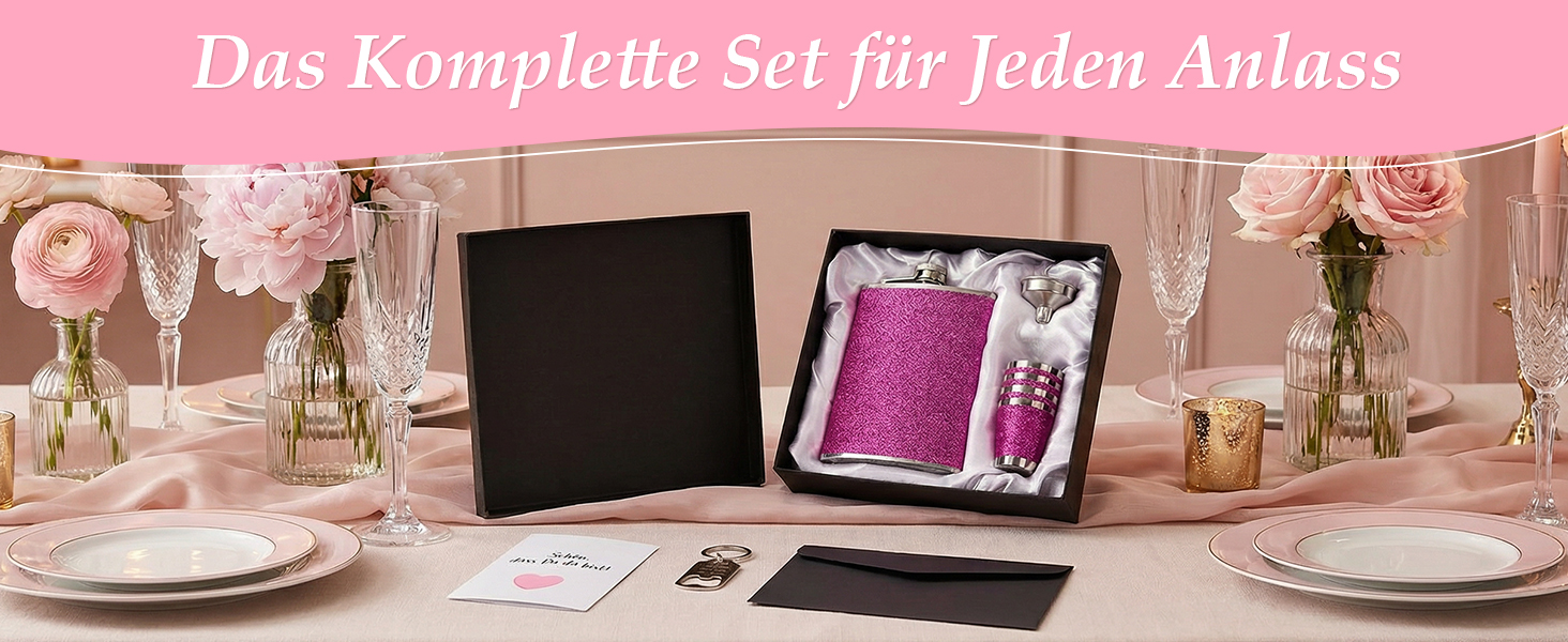 Персоналізований набір фляг 8oz з гравіюванням – фляга з нержавіючої сталі, 4 склянки, воронка та подарункова коробка для дружків, подарунок на весілля для чоловіків та жінок (Рожевий)