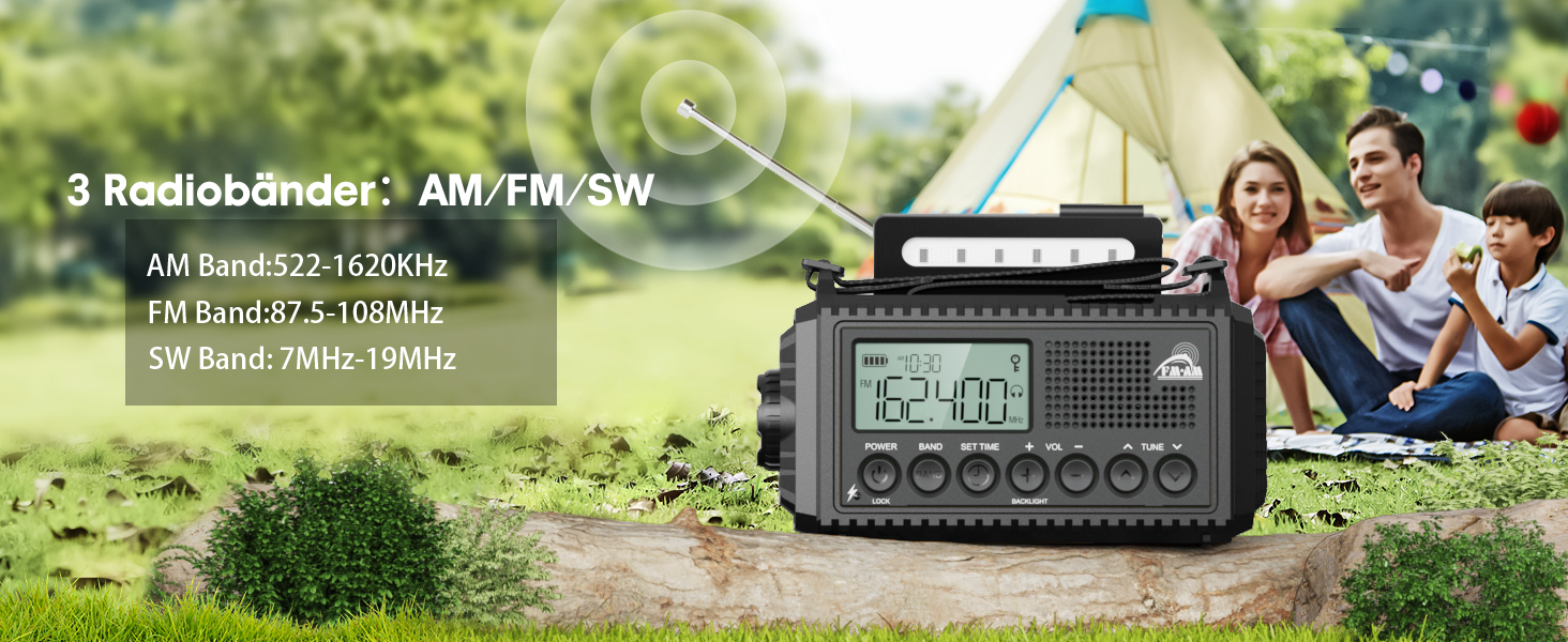 Радіоприймач Kurbelradio на 12000mAh з сонячною панеллю та ручкою, AM/FM/SW, з ліхтариком, USB-зарядкою, SOS-сигналом, для кемпінгу та надзвичайних ситуацій, зелений