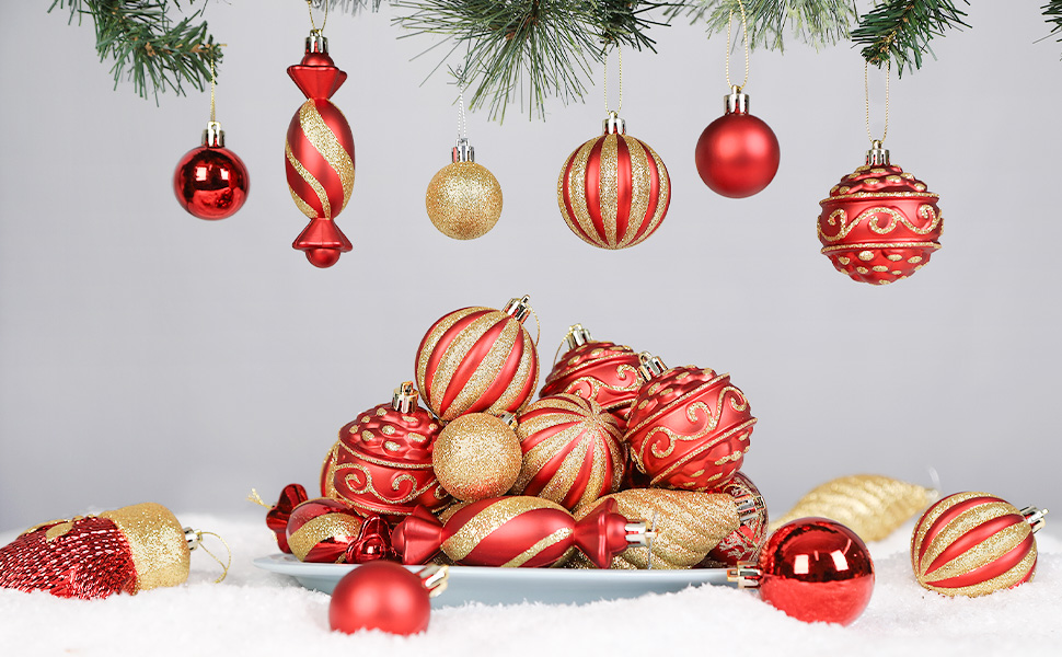 Набір прикрас на ялинку Alupssuc 80 шт. - ялинкові кулі різних форм, з гачками, для святкування Різдва, вечірок та весіль, колір шампань-золото (червоний & золотий)