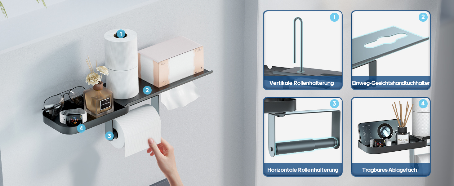 Настінний тримач для туалетного паперу з полицею, багатофункціональний, обертовий, з нержавіючої сталі, чорний мат. Підходить для ванної кімнати, кухні та пральні.