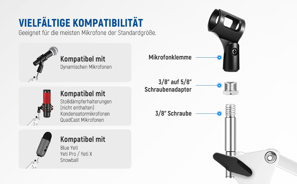 Тримач для мікрофону Neewer NW-35, підвіс Boom Schere, штатив з гвинтовою різьбою 3/8' - 5/8', сумісний з Blue Yeti, Quadcast та іншими мікрофонами, максимальне навантаження 1.5 кг