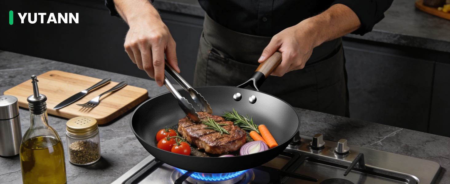 Чавунна сковорода YUTANN 28 см, для індукції, газу, електроплити, з антипригарним покриттям, без PFAS/PFOA, чорна