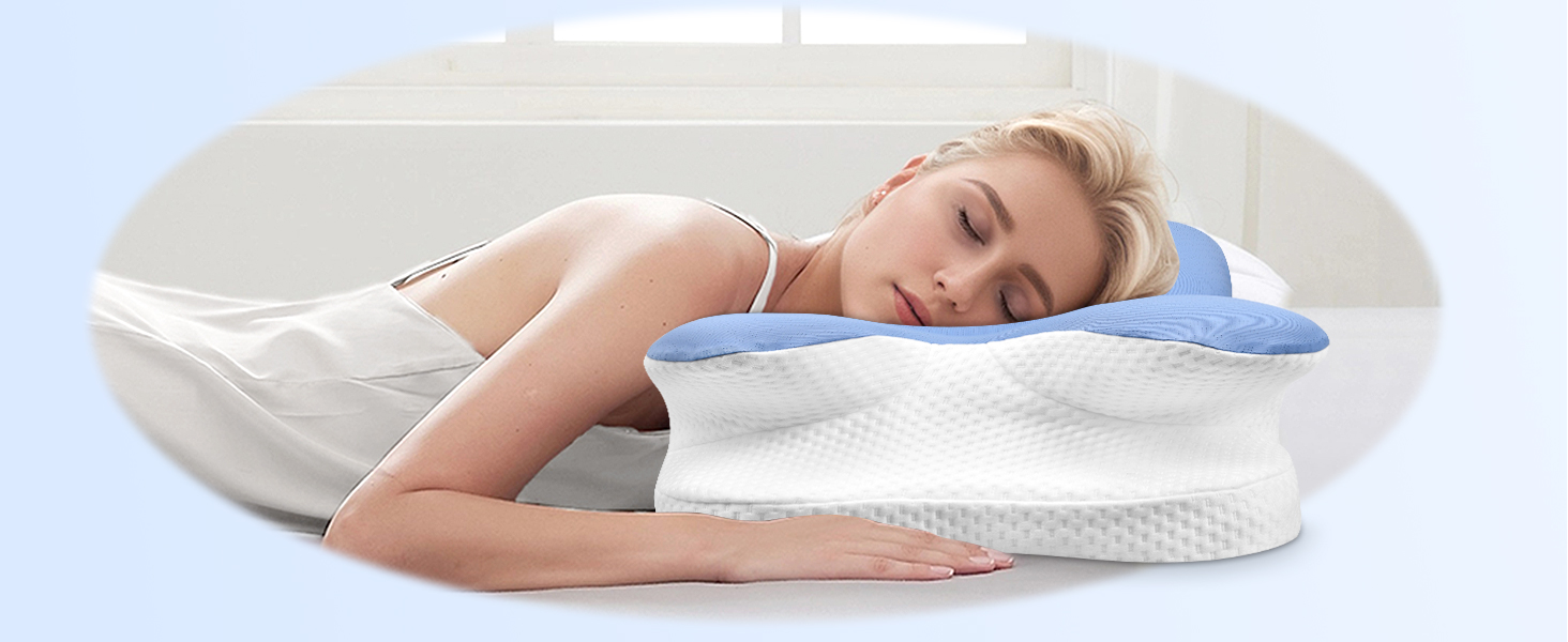 Подушка для шиї Ehomfory з Memory Foam, ергономічна для сну на боці, спині та животі, 67x37x9/12 см (Синя)