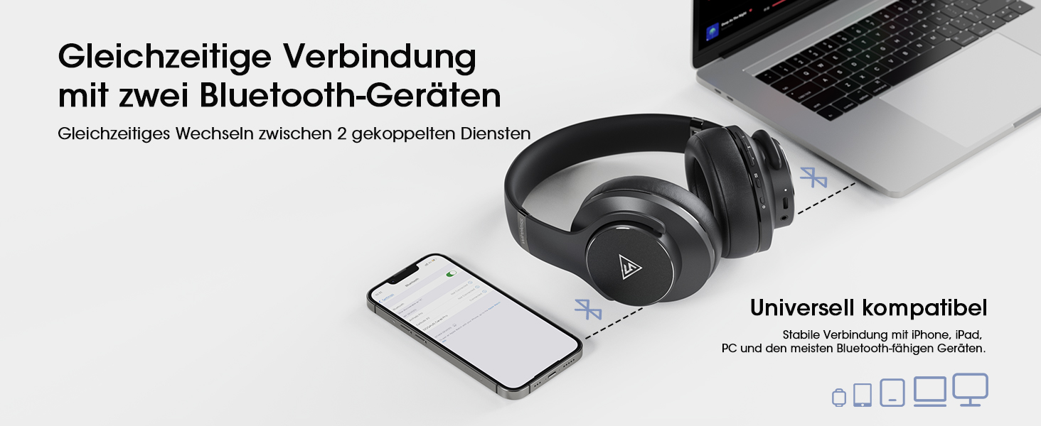 DOQAUS Bluetooth навушники Over-Ear, 90 годин роботи, Bluetooth 5.3, бездротові навушники з мікрофоном, HiFi стерео звук, глибокий бас, для телефону, подорожей, чорний
