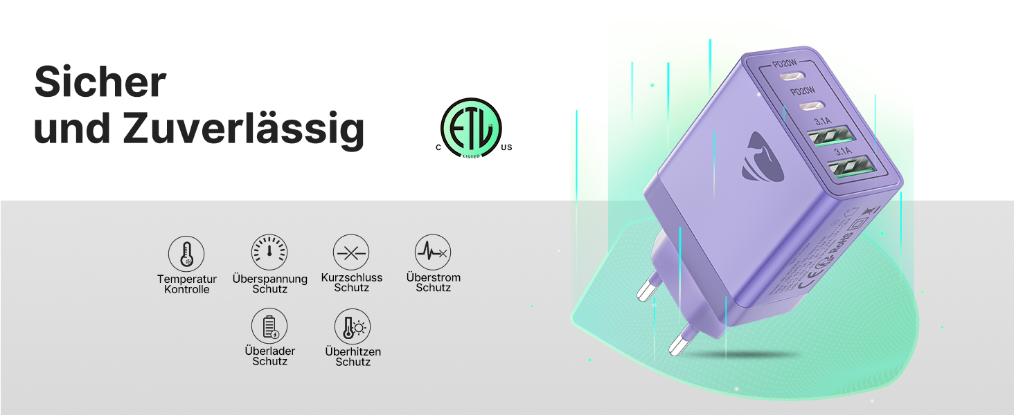 Зарядний пристрій USB-C 40W, 4 порти, швидка зарядка PD 3.0 для iPhone 14 Pro Max, iPad, Samsung та інших смартфонів, фіолетовий