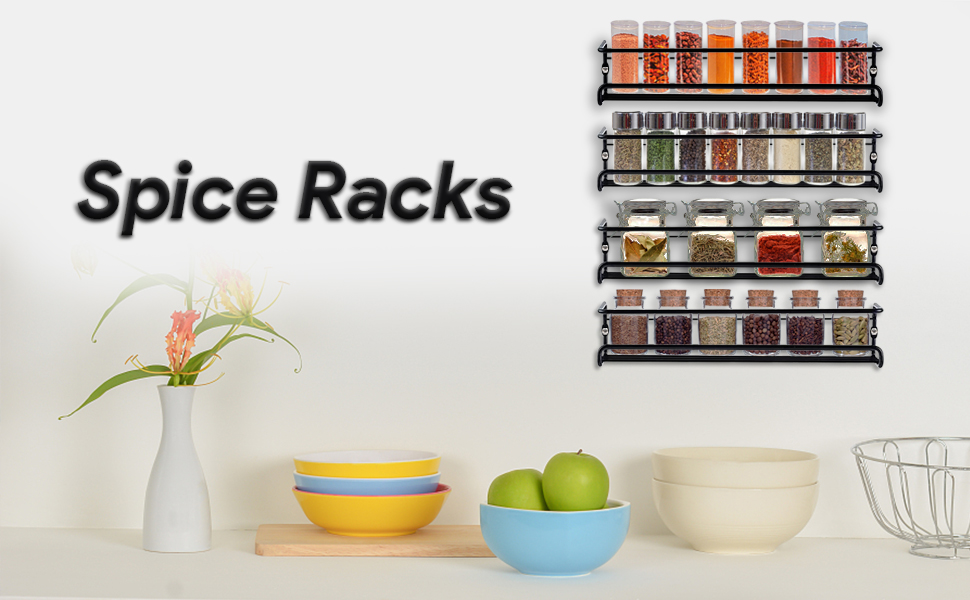 Настінна полиця для спецій, 4 шт. Організатор для спецій без свердління, металевий підвісний тримач для спецій з 8 самоклеючими та гвинтовими кріпленнями, для кухонної шафи/комори, чорний